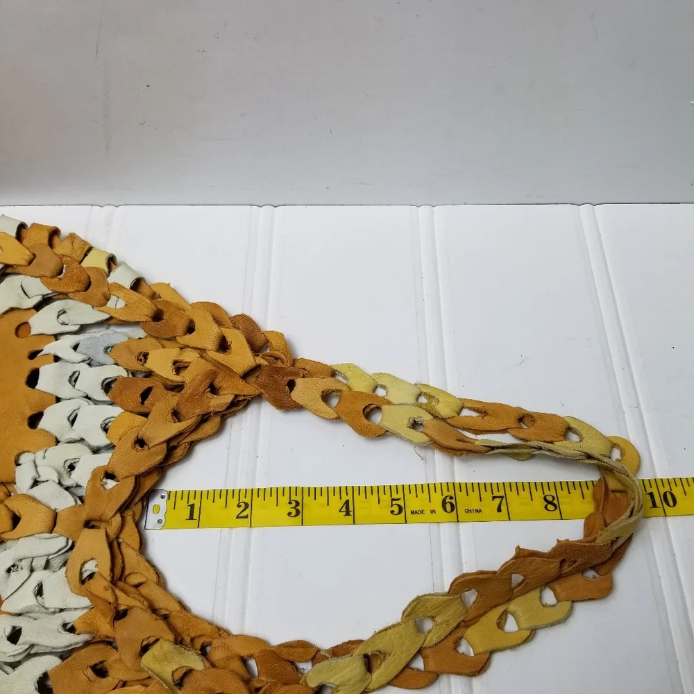 Two Tone Leather Hobo Bag OS Braided Interlocking Boho 70s Cognac White Shoulder